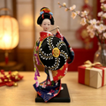 Handmade Collectible Japanese Maiko Doll with Black Floral Umbrella, Artisanal Kimono Figurine, Oriental Tabletop Decor Gift
