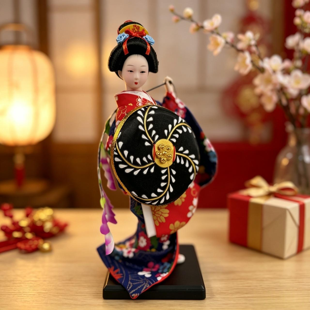 Handmade Collectible Japanese Maiko Doll with Black Floral Umbrella, Artisanal Kimono Figurine, Oriental Tabletop Decor Gift