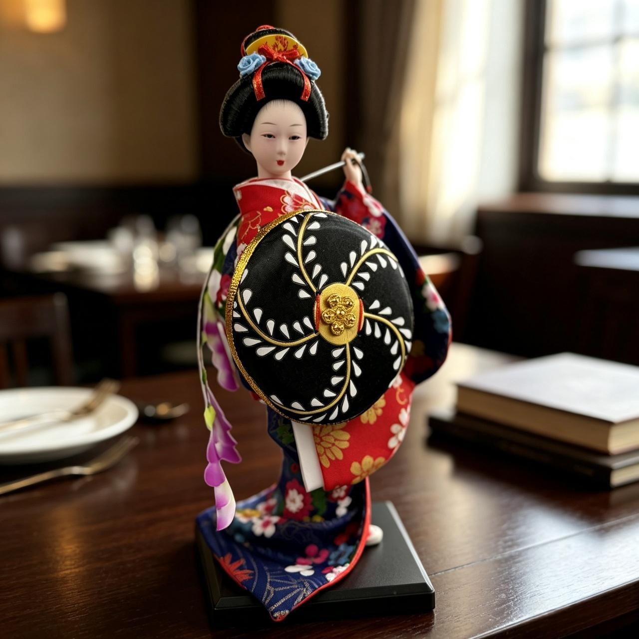 Handmade Collectible Japanese Maiko Doll with Black Floral Umbrella, Artisanal Kimono Figurine, Oriental Tabletop Decor Gift