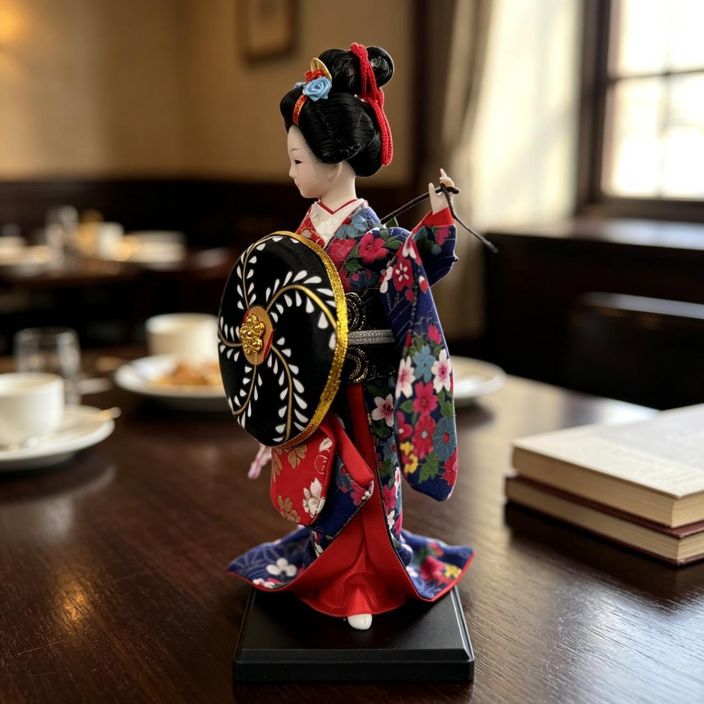 Handmade Collectible Japanese Maiko Doll with Black Floral Umbrella, Artisanal Kimono Figurine, Oriental Tabletop Decor Gift