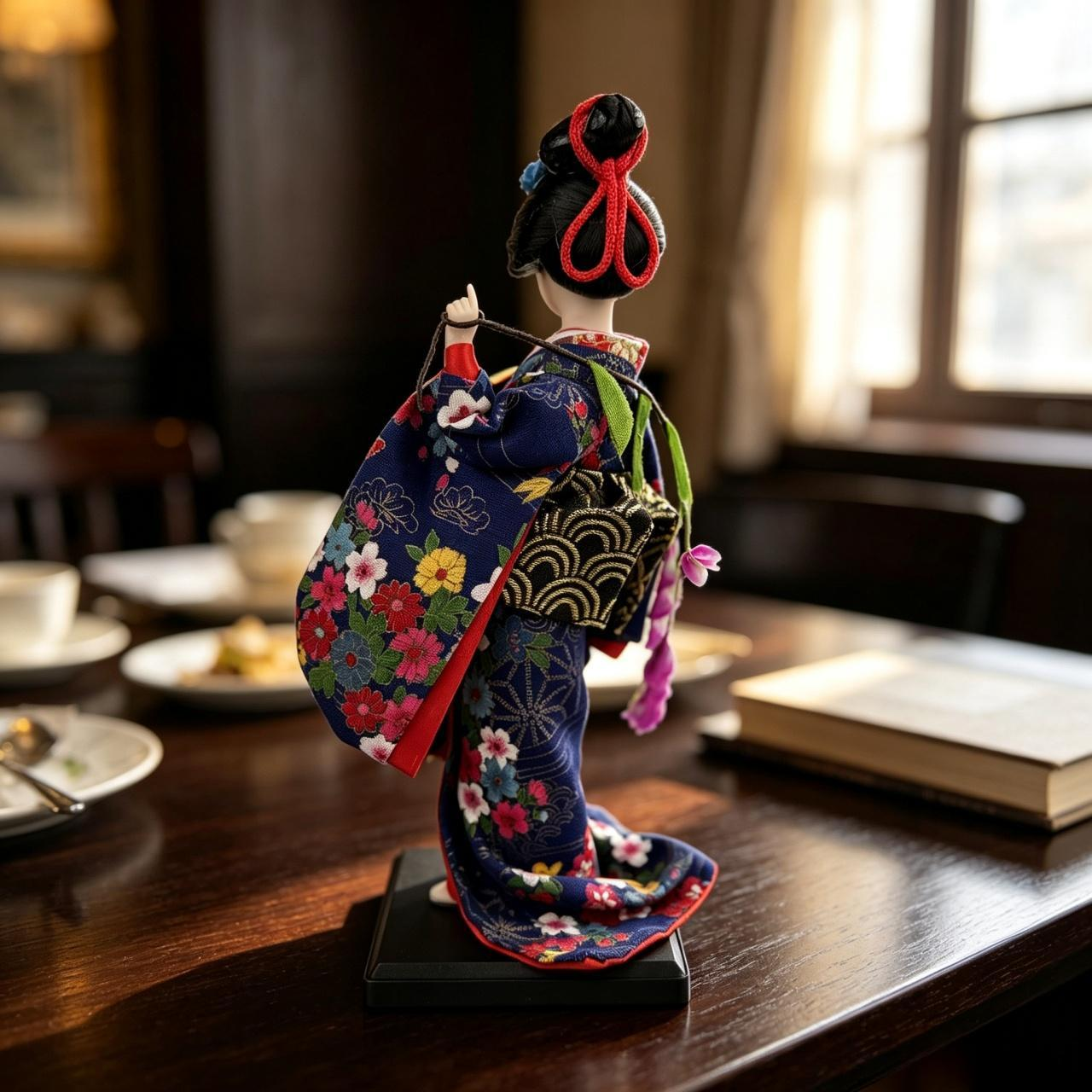 Handmade Collectible Japanese Maiko Doll with Black Floral Umbrella, Artisanal Kimono Figurine, Oriental Tabletop Decor Gift