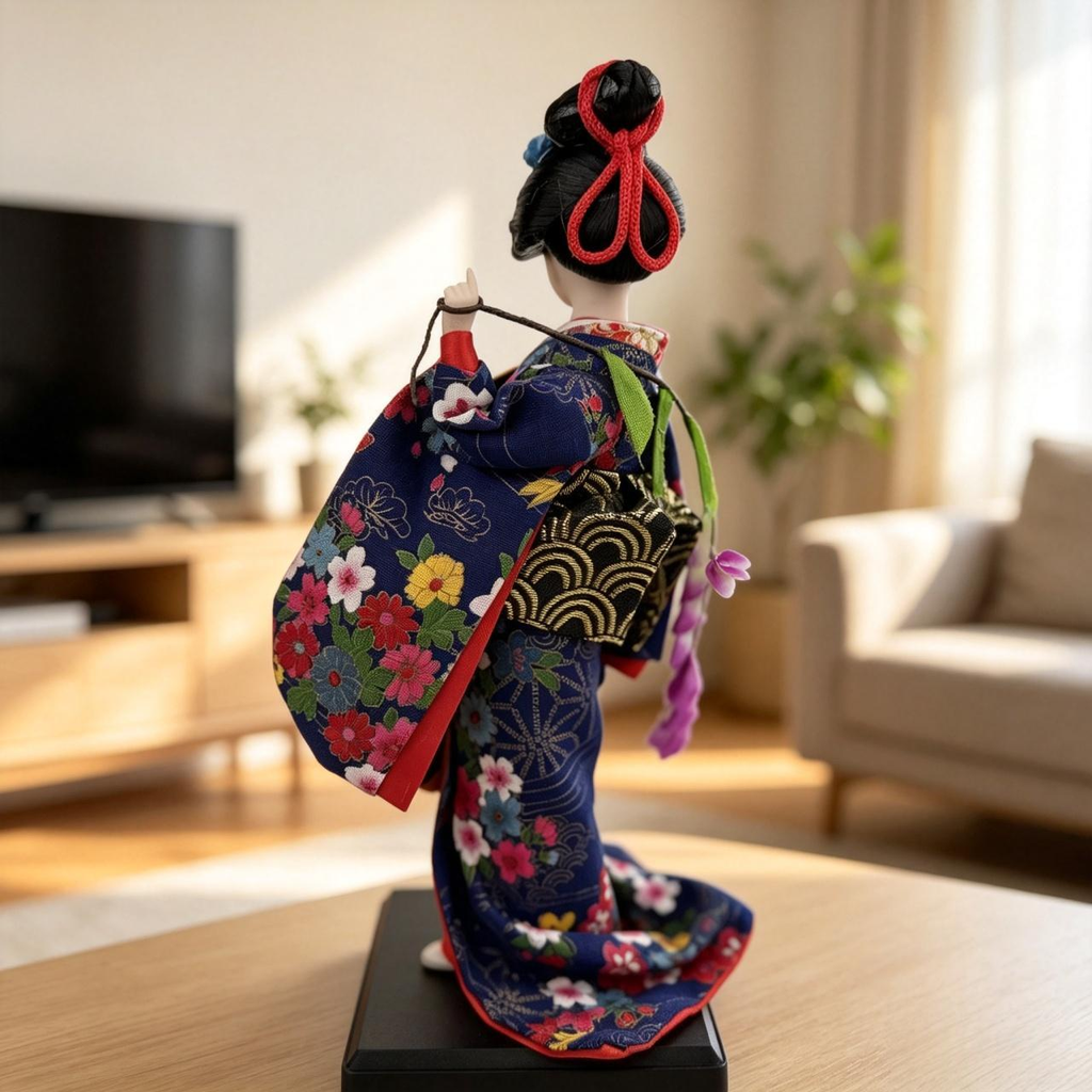 Handmade Collectible Japanese Maiko Doll with Black Floral Umbrella, Artisanal Kimono Figurine, Oriental Tabletop Decor Gift