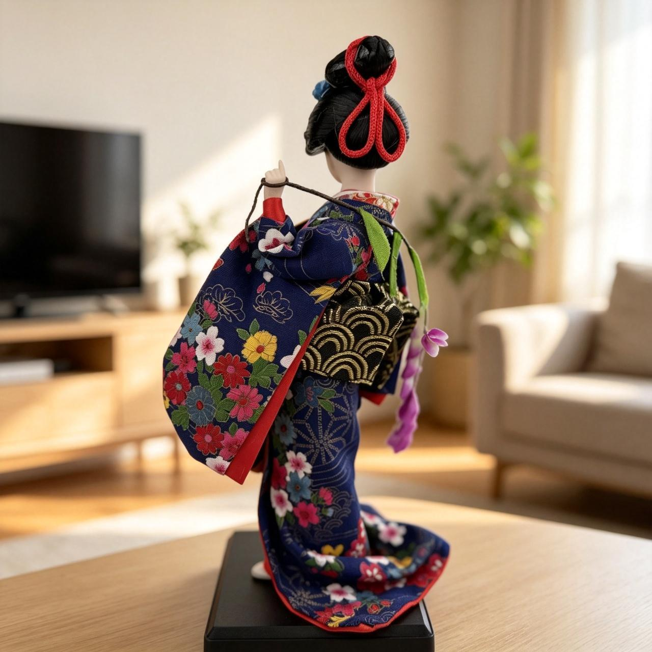 Handmade Collectible Japanese Maiko Doll with Black Floral Umbrella, Artisanal Kimono Figurine, Oriental Tabletop Decor Gift
