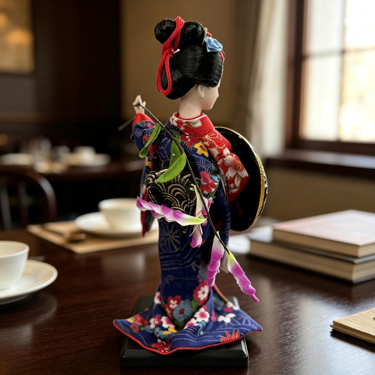 Handmade Collectible Japanese Maiko Doll with Black Floral Umbrella, Artisanal Kimono Figurine, Oriental Tabletop Decor Gift