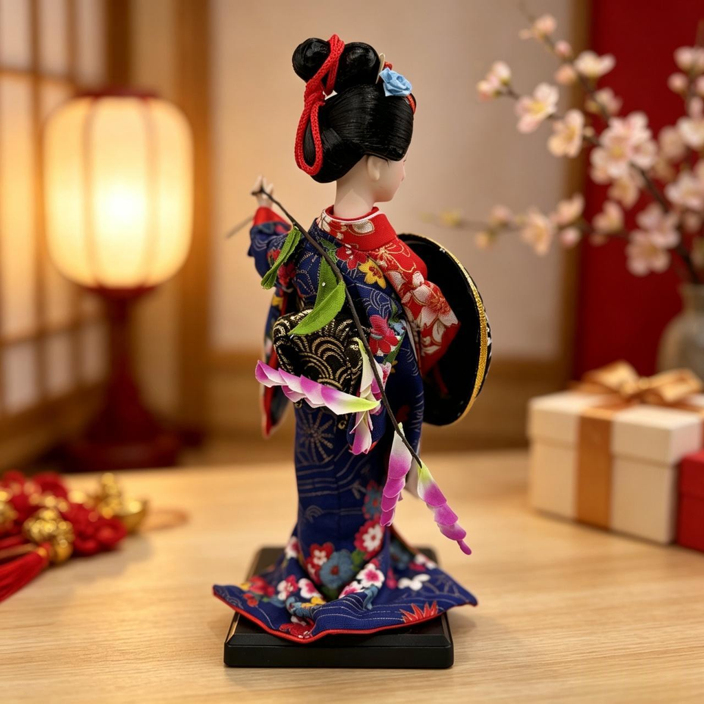 Handmade Collectible Japanese Maiko Doll with Black Floral Umbrella, Artisanal Kimono Figurine, Oriental Tabletop Decor Gift