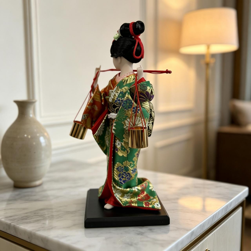 Handmade Collectible Japanese Maiko Doll with Hanging Golden Bells, Green Floral Kimono Figurine, Oriental Tabletop Decor, Ideal Holiday Gift