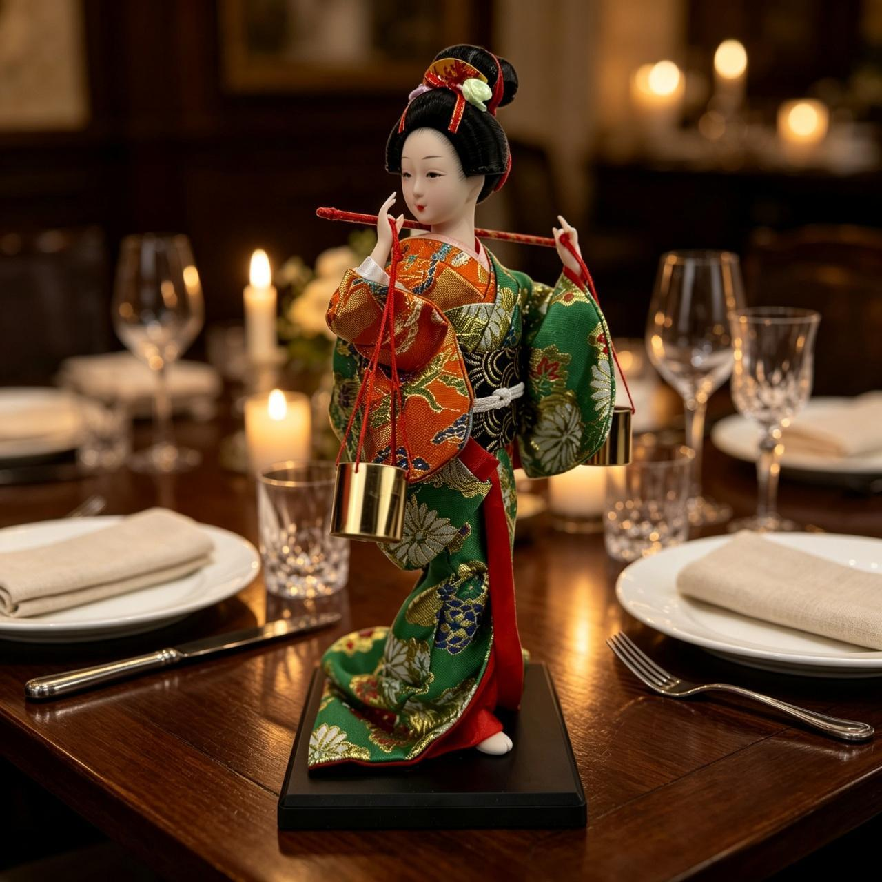 Handmade Collectible Japanese Maiko Doll with Hanging Golden Bells, Green Floral Kimono Figurine, Oriental Tabletop Decor, Ideal Holiday Gift