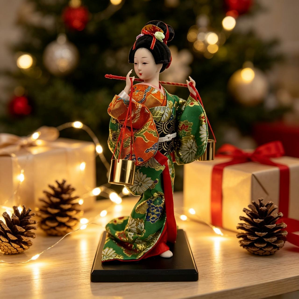 Handmade Collectible Japanese Maiko Doll with Hanging Golden Bells, Green Floral Kimono Figurine, Oriental Tabletop Decor, Ideal Holiday Gift