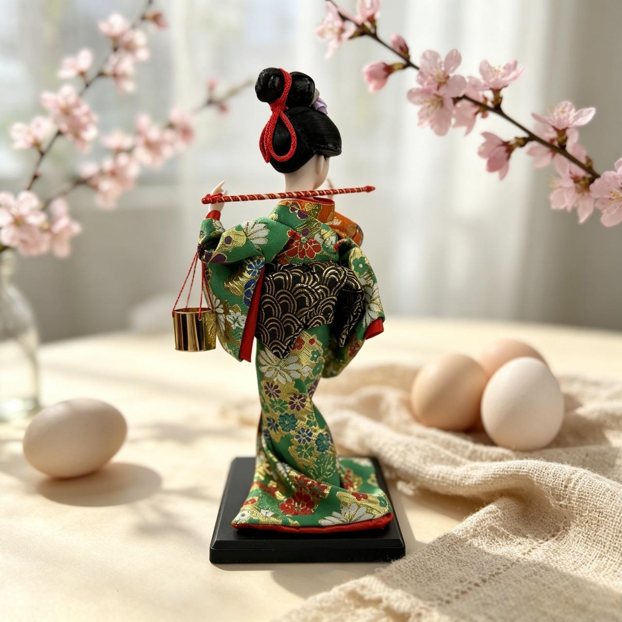 Handmade Collectible Japanese Maiko Doll with Hanging Golden Bells, Green Floral Kimono Figurine, Oriental Tabletop Decor, Ideal Holiday Gift
