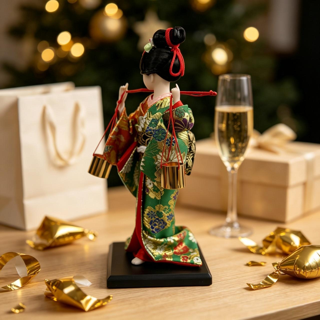 Handmade Collectible Japanese Maiko Doll with Hanging Golden Bells, Green Floral Kimono Figurine, Oriental Tabletop Decor, Ideal Holiday Gift