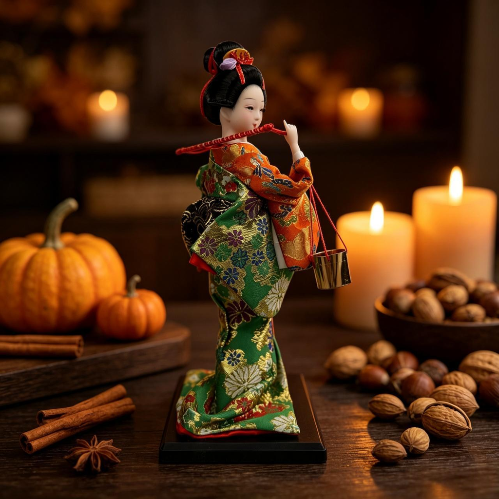 Handmade Collectible Japanese Maiko Doll with Hanging Golden Bells, Green Floral Kimono Figurine, Oriental Tabletop Decor, Ideal Holiday Gift