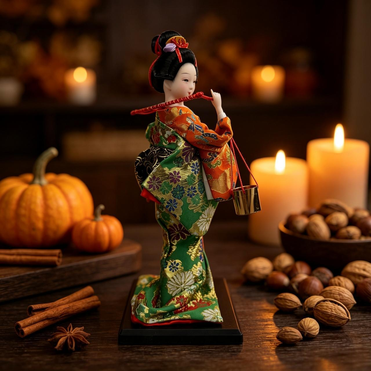 Handmade Collectible Japanese Maiko Doll with Hanging Golden Bells, Green Floral Kimono Figurine, Oriental Tabletop Decor, Ideal Holiday Gift