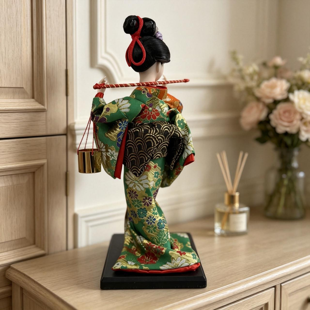 Handmade Collectible Japanese Maiko Doll with Hanging Golden Bells, Green Floral Kimono Figurine, Oriental Tabletop Decor, Ideal Holiday Gift