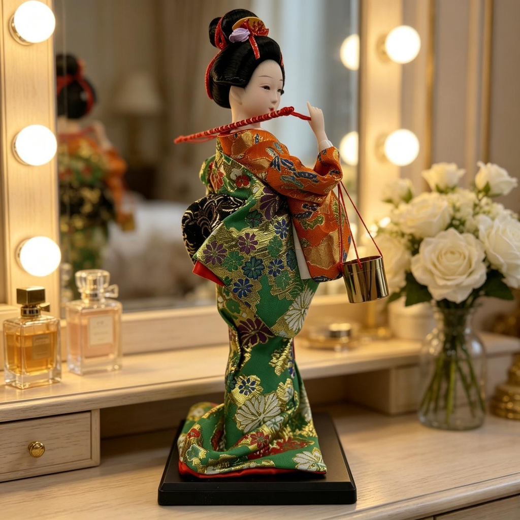 Handmade Collectible Japanese Maiko Doll with Hanging Golden Bells, Green Floral Kimono Figurine, Oriental Tabletop Decor, Ideal Holiday Gift