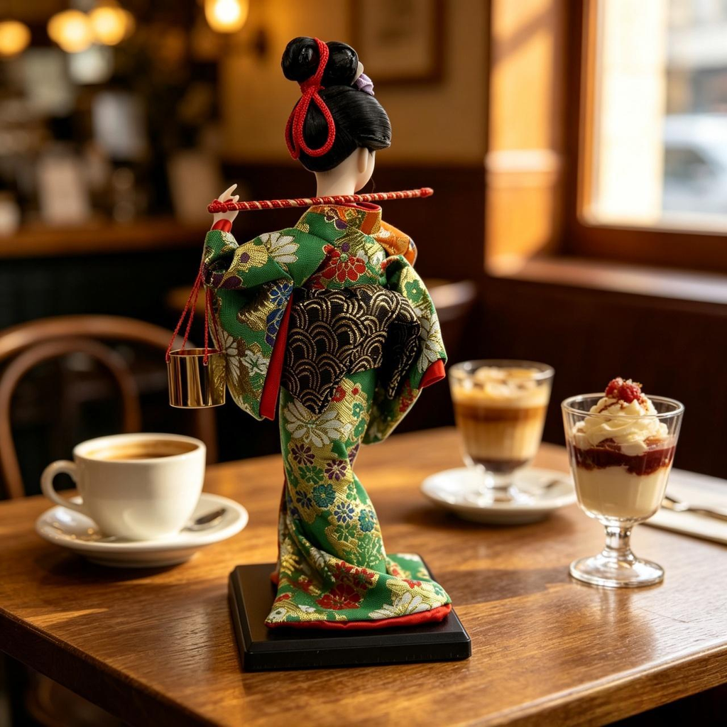 Handmade Collectible Japanese Maiko Doll with Hanging Golden Bells, Green Floral Kimono Figurine, Oriental Tabletop Decor, Ideal Holiday Gift