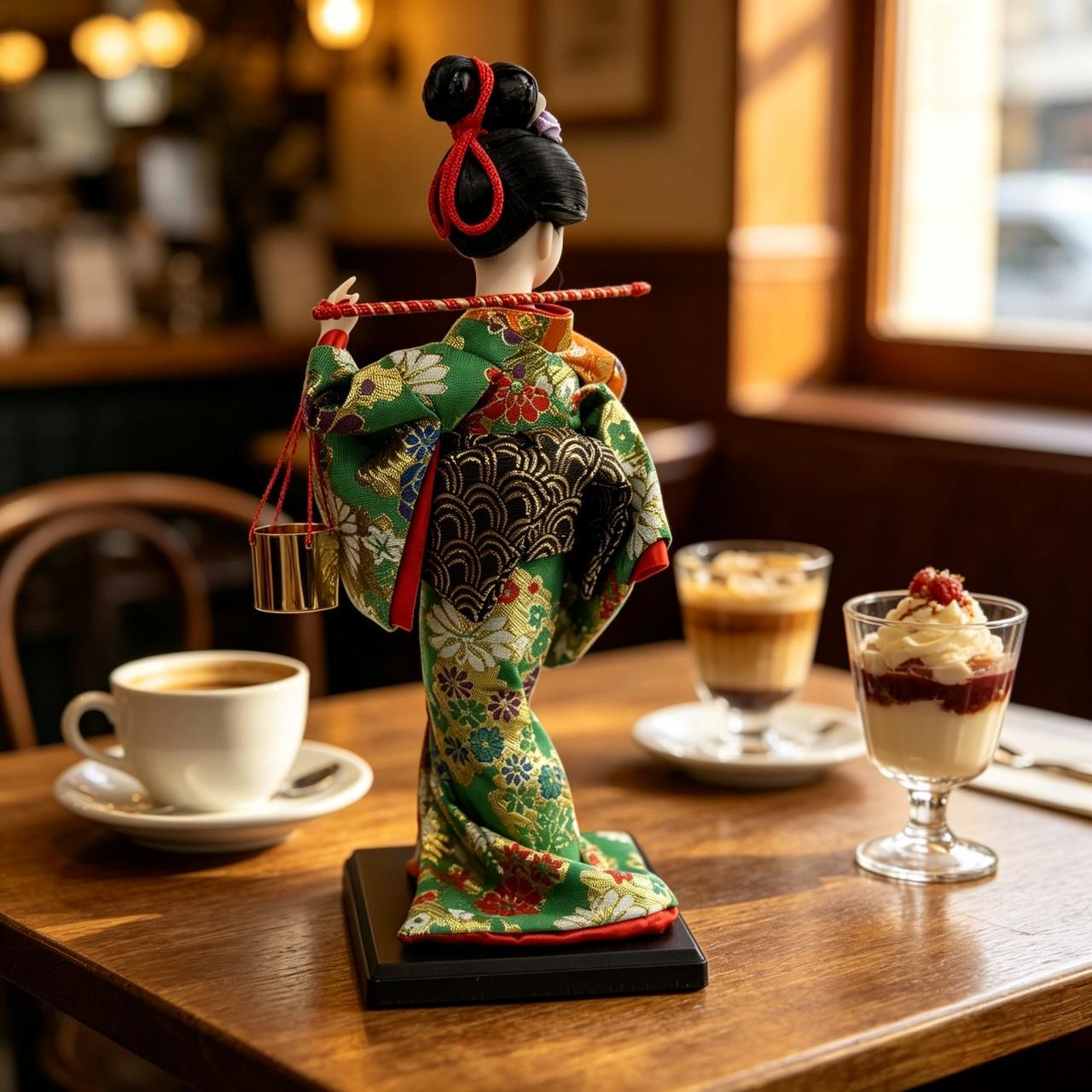 Handmade Collectible Japanese Maiko Doll with Hanging Golden Bells, Green Floral Kimono Figurine, Oriental Tabletop Decor, Ideal Holiday Gift