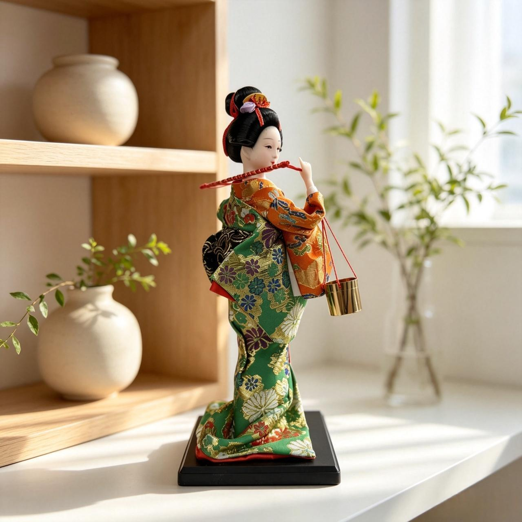 Handmade Collectible Japanese Maiko Doll with Hanging Golden Bells, Green Floral Kimono Figurine, Oriental Tabletop Decor, Ideal Holiday Gift