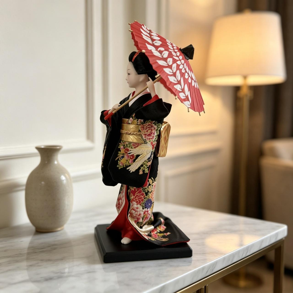 Handmade Collectible Japanese Maiko Doll with Pink Leaf Umbrella, Black Crane Floral Embroidered Kimono Figurine, Oriental Tabletop Decor, Perfect Holiday Gift
