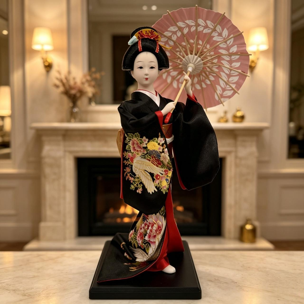 Handmade Collectible Japanese Maiko Doll with Pink Leaf Umbrella, Black Crane Floral Embroidered Kimono Figurine, Oriental Tabletop Decor, Perfect Holiday Gift