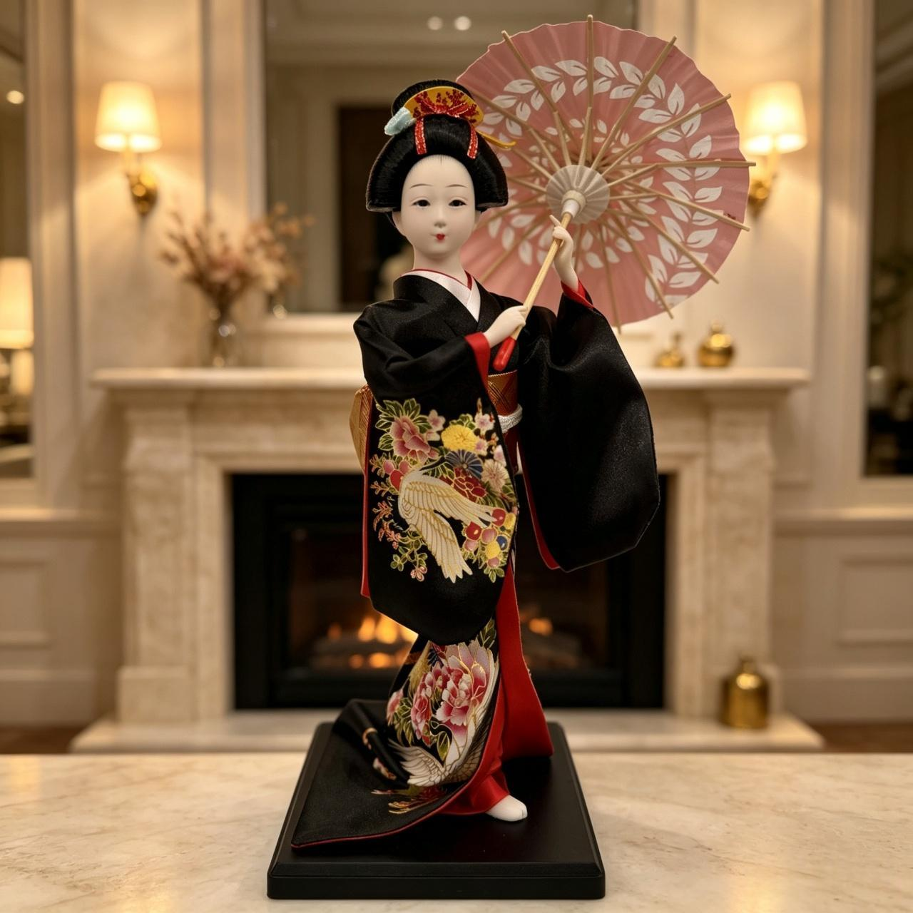 Handmade Collectible Japanese Maiko Doll with Pink Leaf Umbrella, Black Crane Floral Embroidered Kimono Figurine, Oriental Tabletop Decor, Perfect Holiday Gift