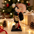Handmade Collectible Japanese Maiko Doll with Pink Leaf Umbrella, Black Crane Floral Embroidered Kimono Figurine, Oriental Tabletop Decor, Perfect Holiday Gift