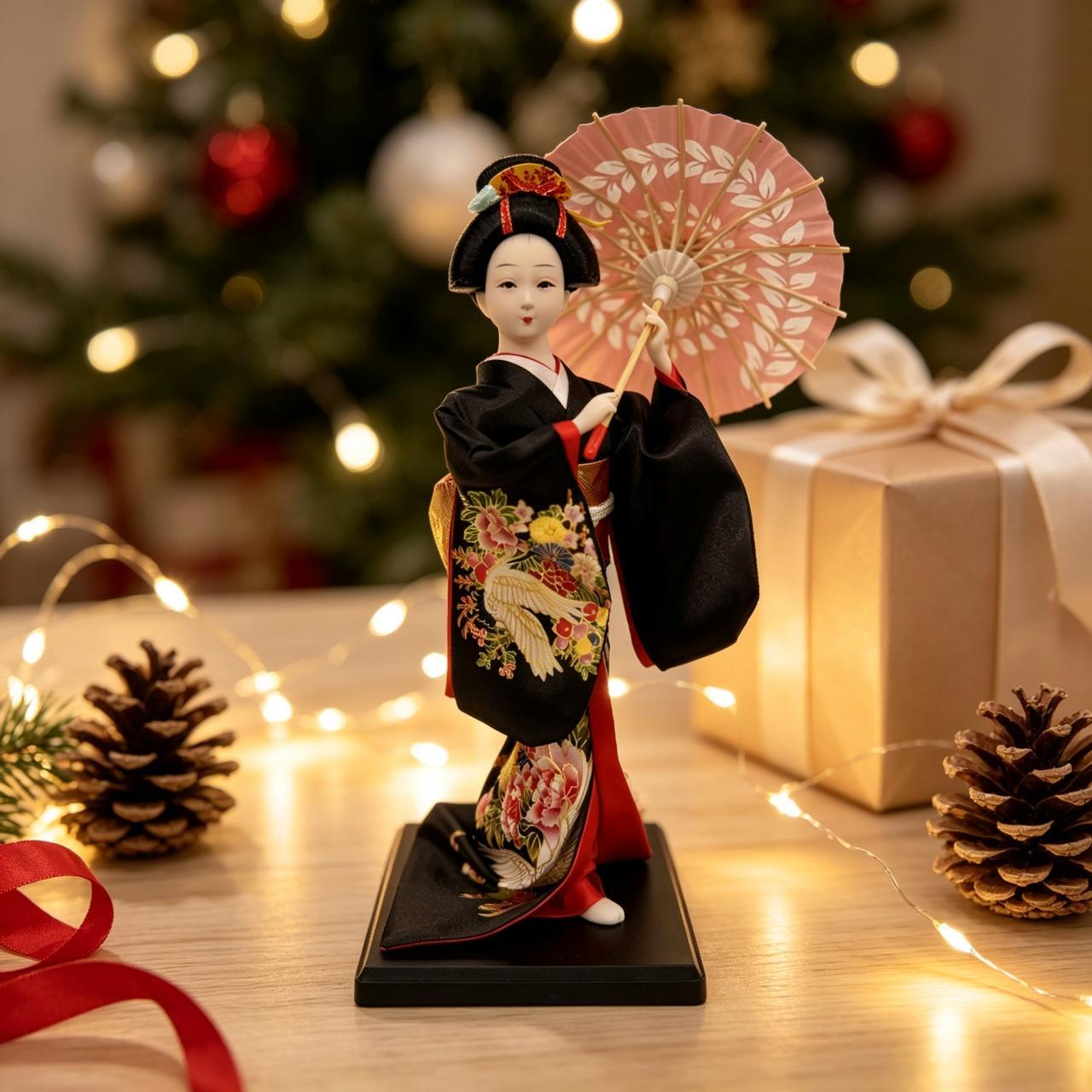 Handmade Collectible Japanese Maiko Doll with Pink Leaf Umbrella, Black Crane Floral Embroidered Kimono Figurine, Oriental Tabletop Decor, Perfect Holiday Gift