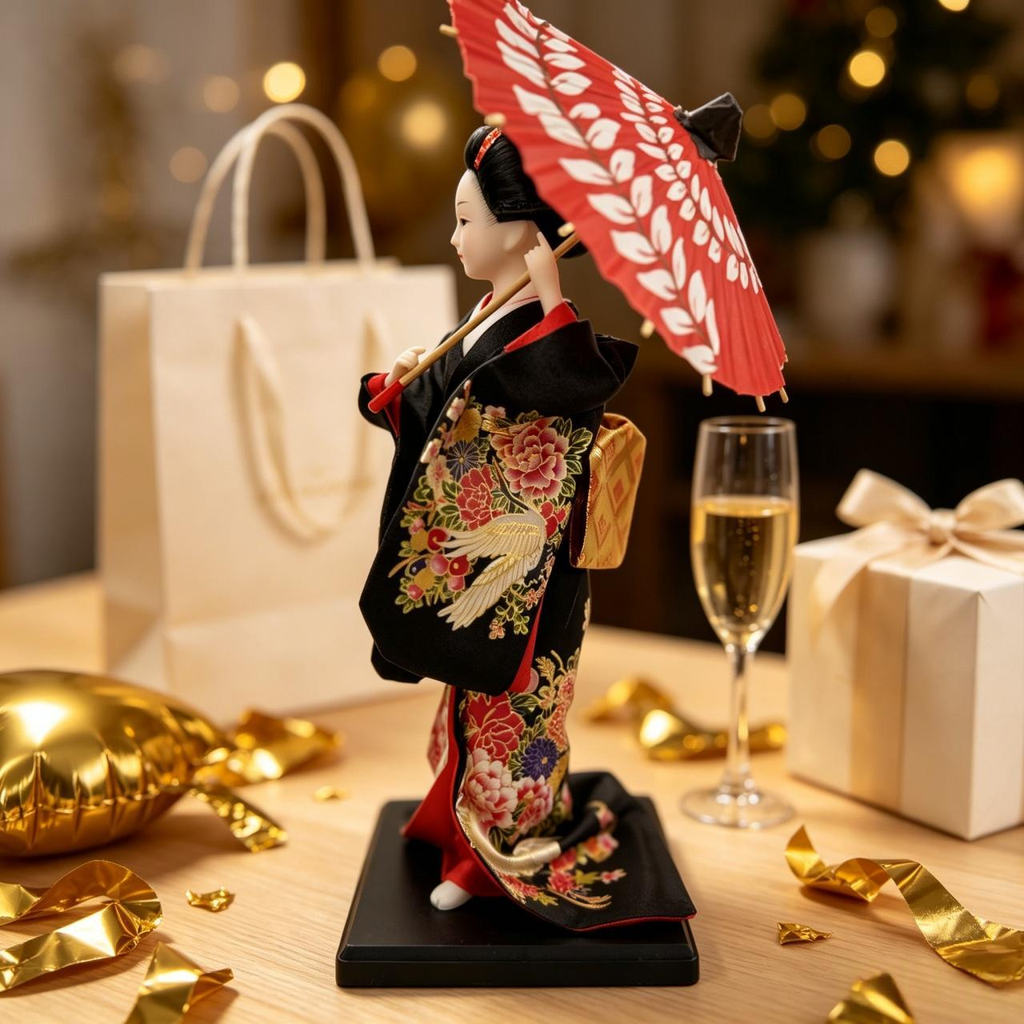 Handmade Collectible Japanese Maiko Doll with Pink Leaf Umbrella, Black Crane Floral Embroidered Kimono Figurine, Oriental Tabletop Decor, Perfect Holiday Gift