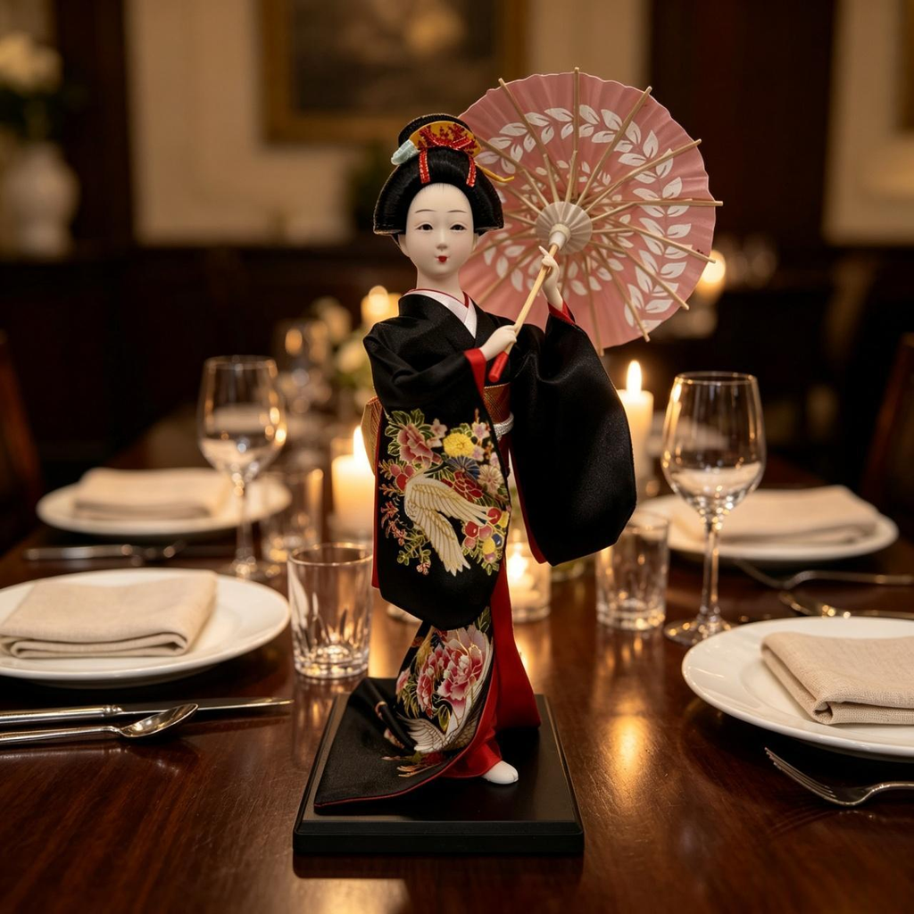 Handmade Collectible Japanese Maiko Doll with Pink Leaf Umbrella, Black Crane Floral Embroidered Kimono Figurine, Oriental Tabletop Decor, Perfect Holiday Gift