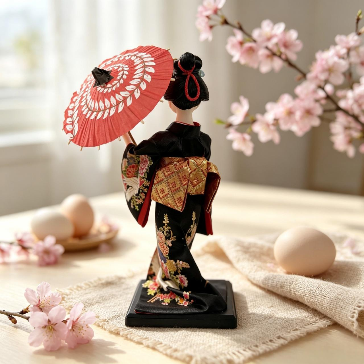 Handmade Collectible Japanese Maiko Doll with Pink Leaf Umbrella, Black Crane Floral Embroidered Kimono Figurine, Oriental Tabletop Decor, Perfect Holiday Gift