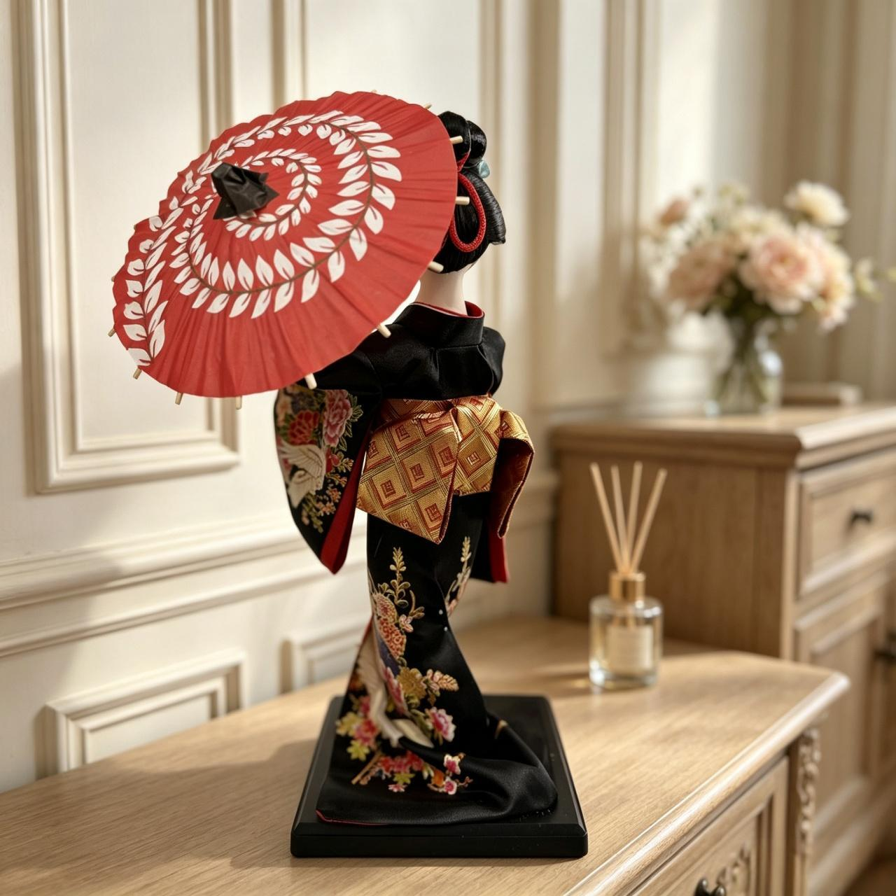 Handmade Collectible Japanese Maiko Doll with Pink Leaf Umbrella, Black Crane Floral Embroidered Kimono Figurine, Oriental Tabletop Decor, Perfect Holiday Gift
