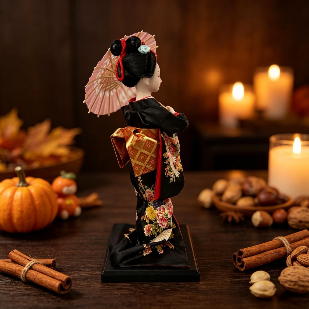 Handmade Collectible Japanese Maiko Doll with Pink Leaf Umbrella, Black Crane Floral Embroidered Kimono Figurine, Oriental Tabletop Decor, Perfect Holiday Gift