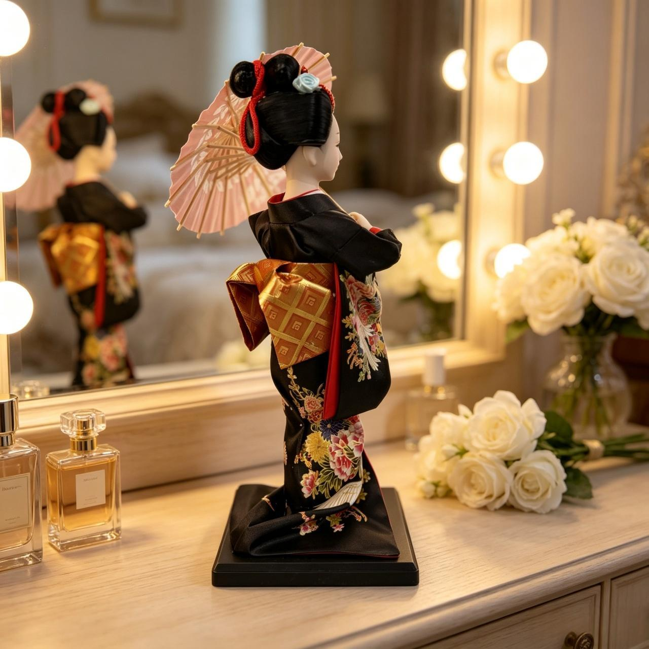 Handmade Collectible Japanese Maiko Doll with Pink Leaf Umbrella, Black Crane Floral Embroidered Kimono Figurine, Oriental Tabletop Decor, Perfect Holiday Gift
