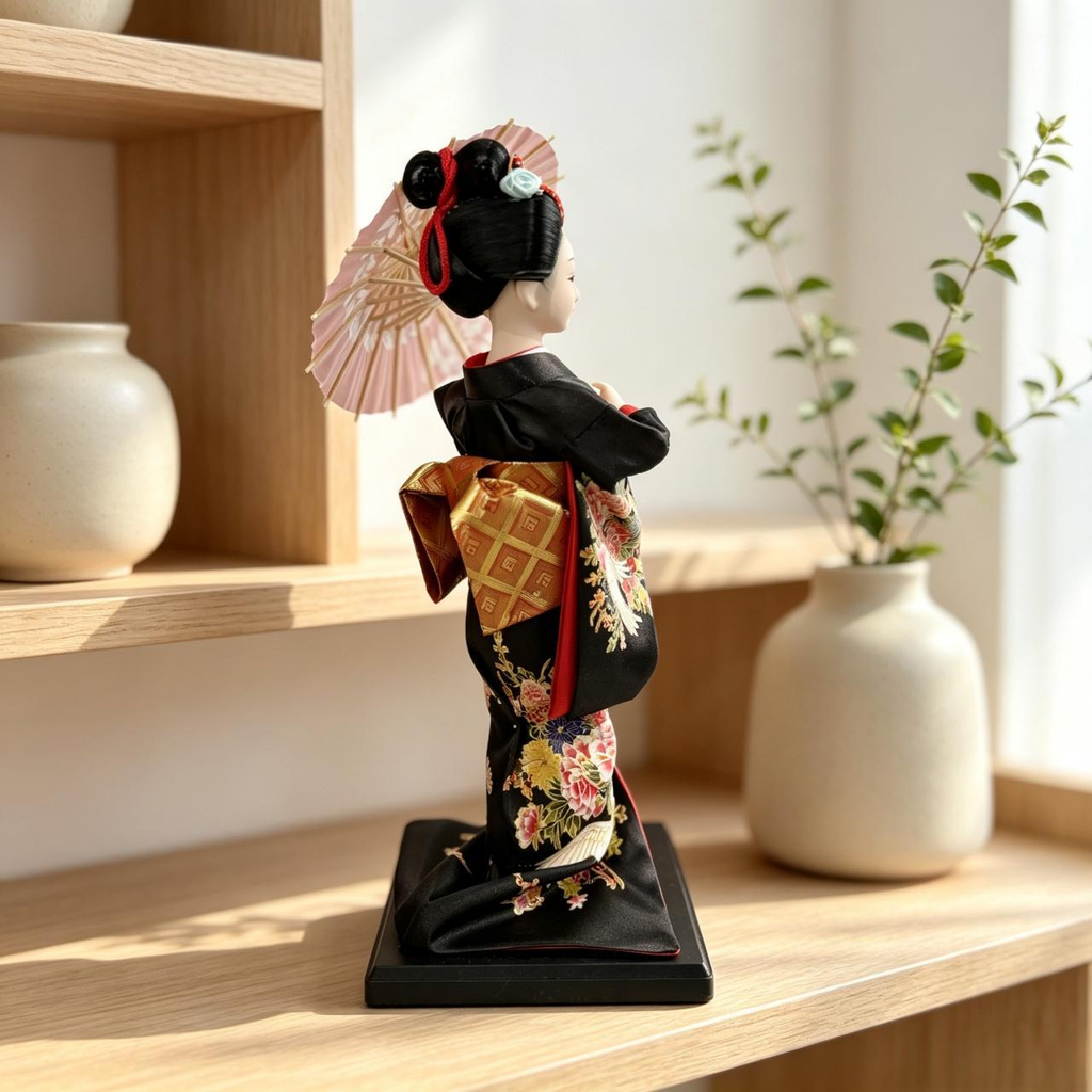 Handmade Collectible Japanese Maiko Doll with Pink Leaf Umbrella, Black Crane Floral Embroidered Kimono Figurine, Oriental Tabletop Decor, Perfect Holiday Gift