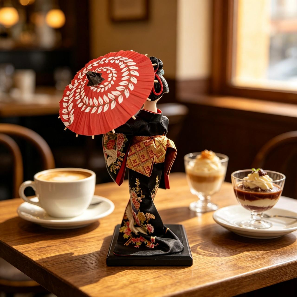 Handmade Collectible Japanese Maiko Doll with Pink Leaf Umbrella, Black Crane Floral Embroidered Kimono Figurine, Oriental Tabletop Decor, Perfect Holiday Gift