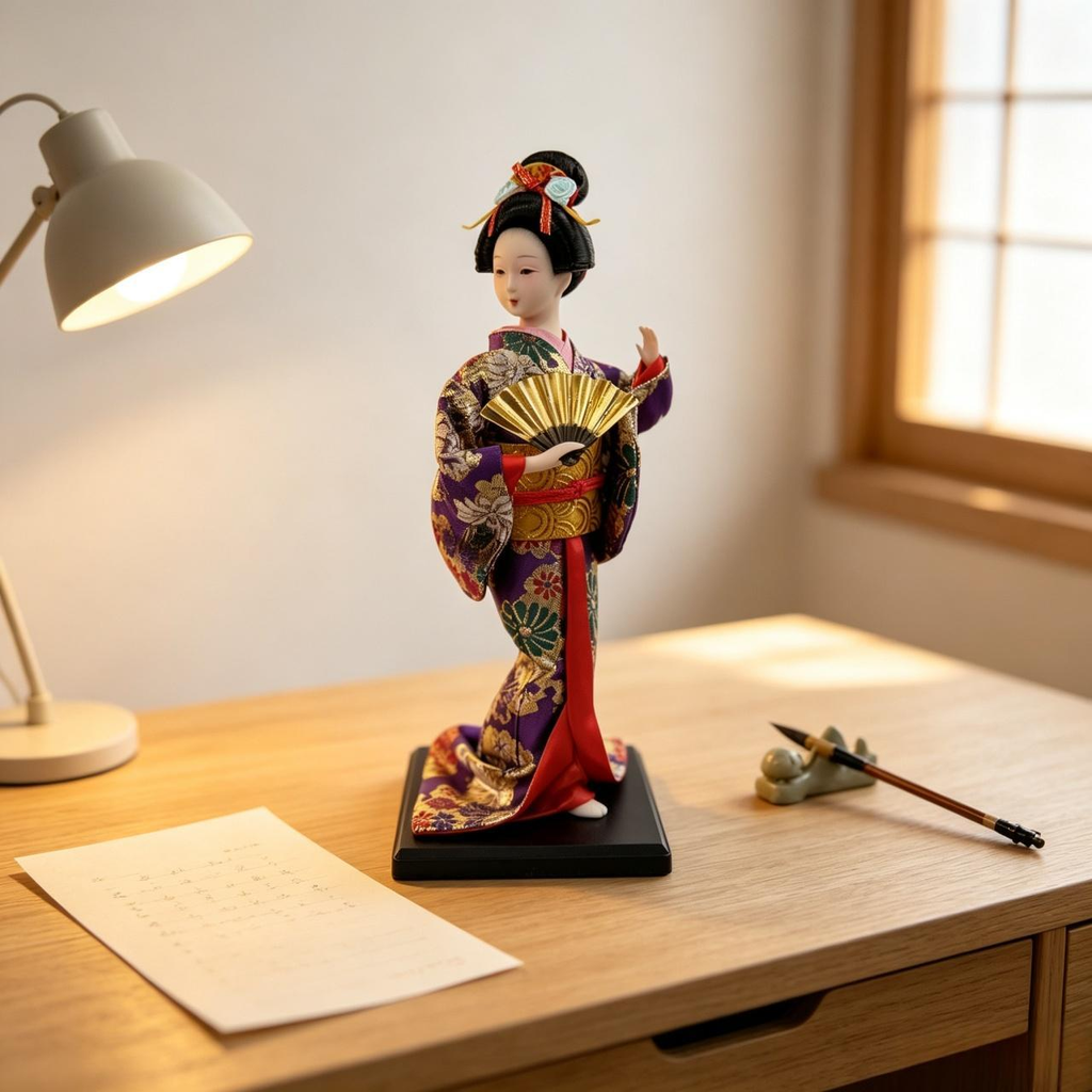 Handmade Japanese Geisha Doll in Silk Kimono | Collectible Art Figurine for Desk Display & Holiday Gifting