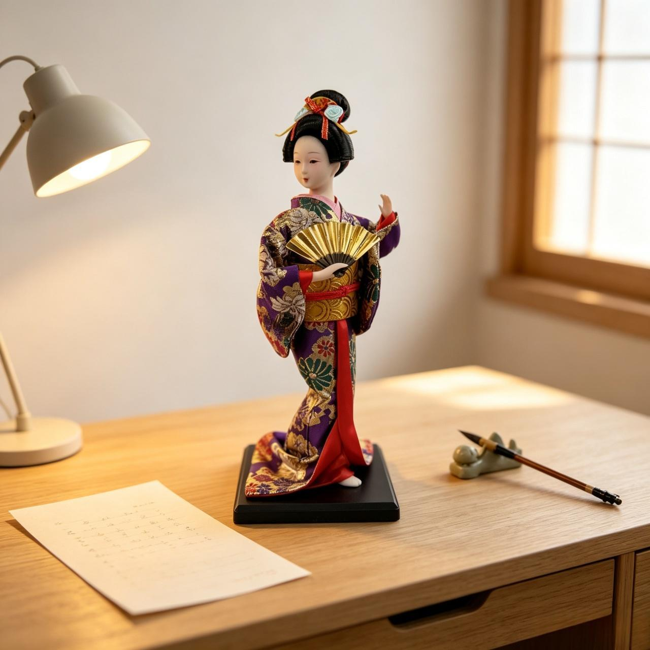 Handmade Japanese Geisha Doll in Silk Kimono | Collectible Art Figurine for Desk Display & Holiday Gifting